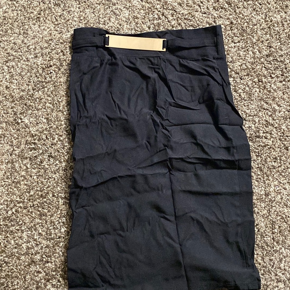 Work approved black skirt with fashionable gold belt design.